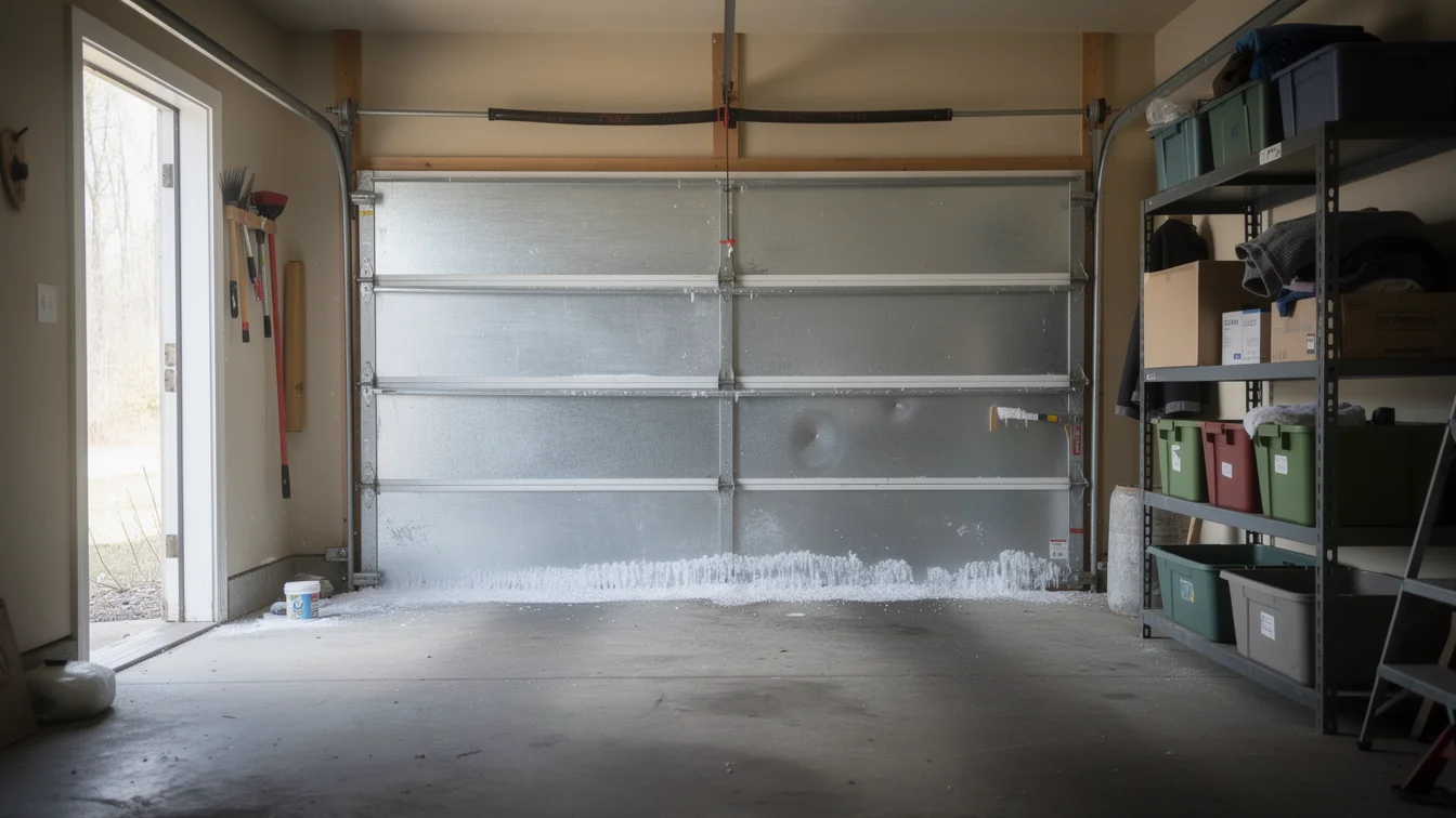 The garage door is closed with ice and snow at the bottom.