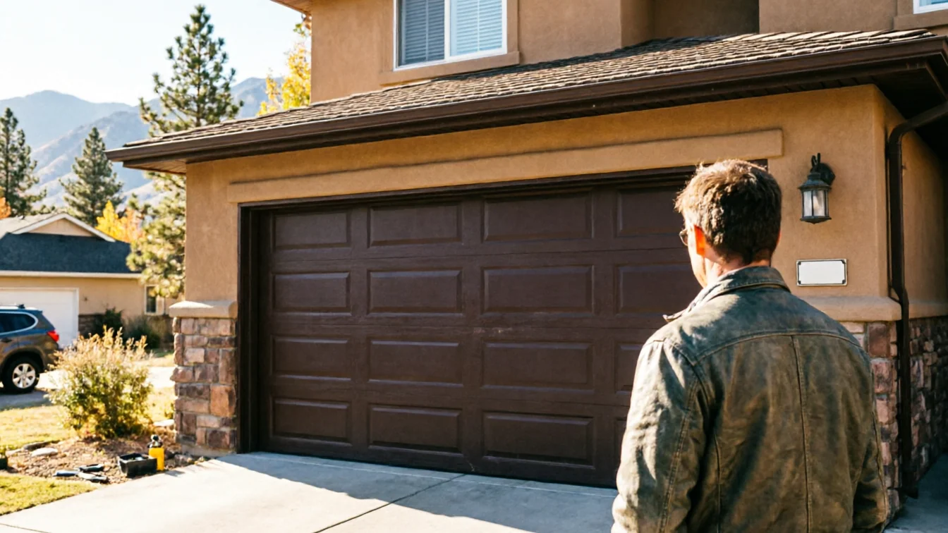 A technician stands facing a brown garage door on a tan house with stone accents.