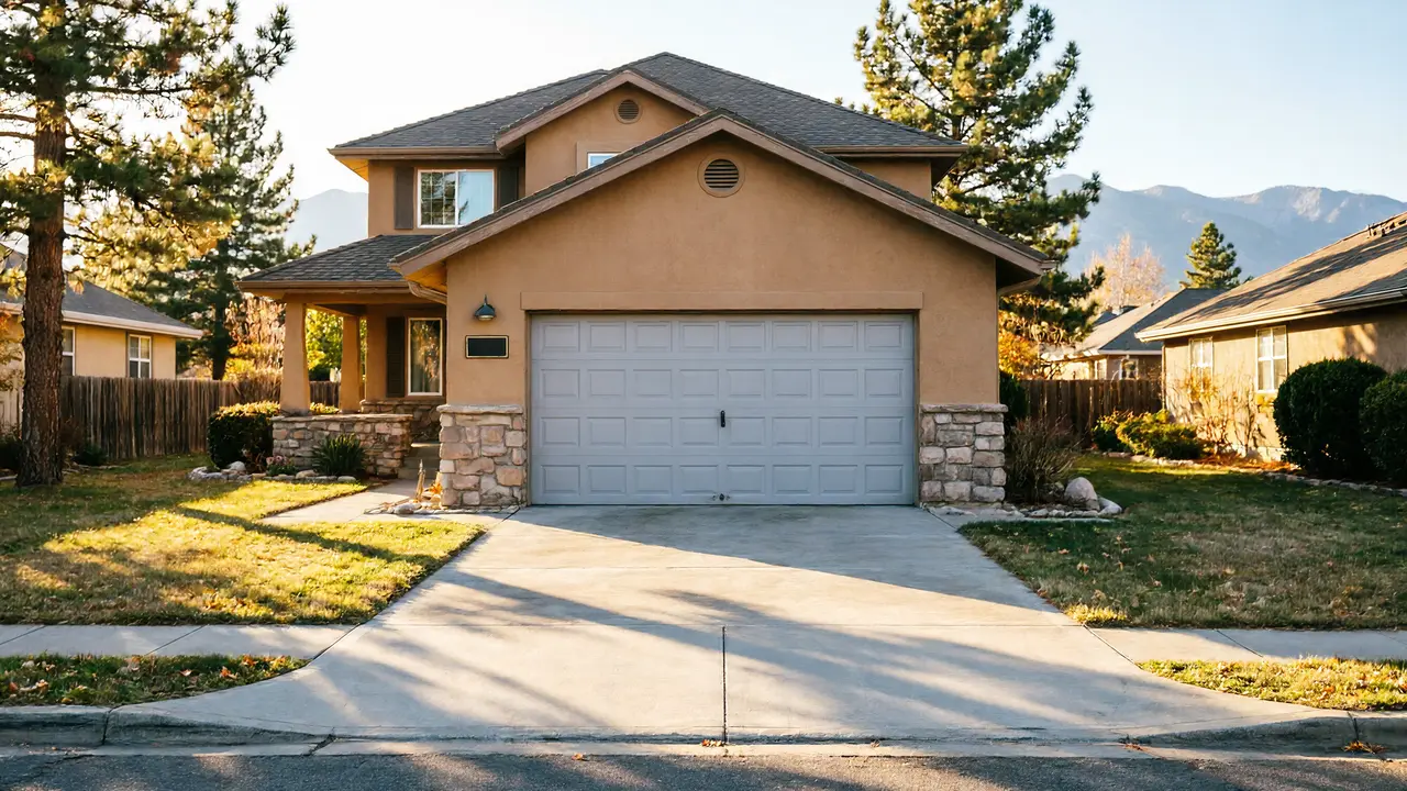 The house has a light brown stucco exterior and a gray garage door.