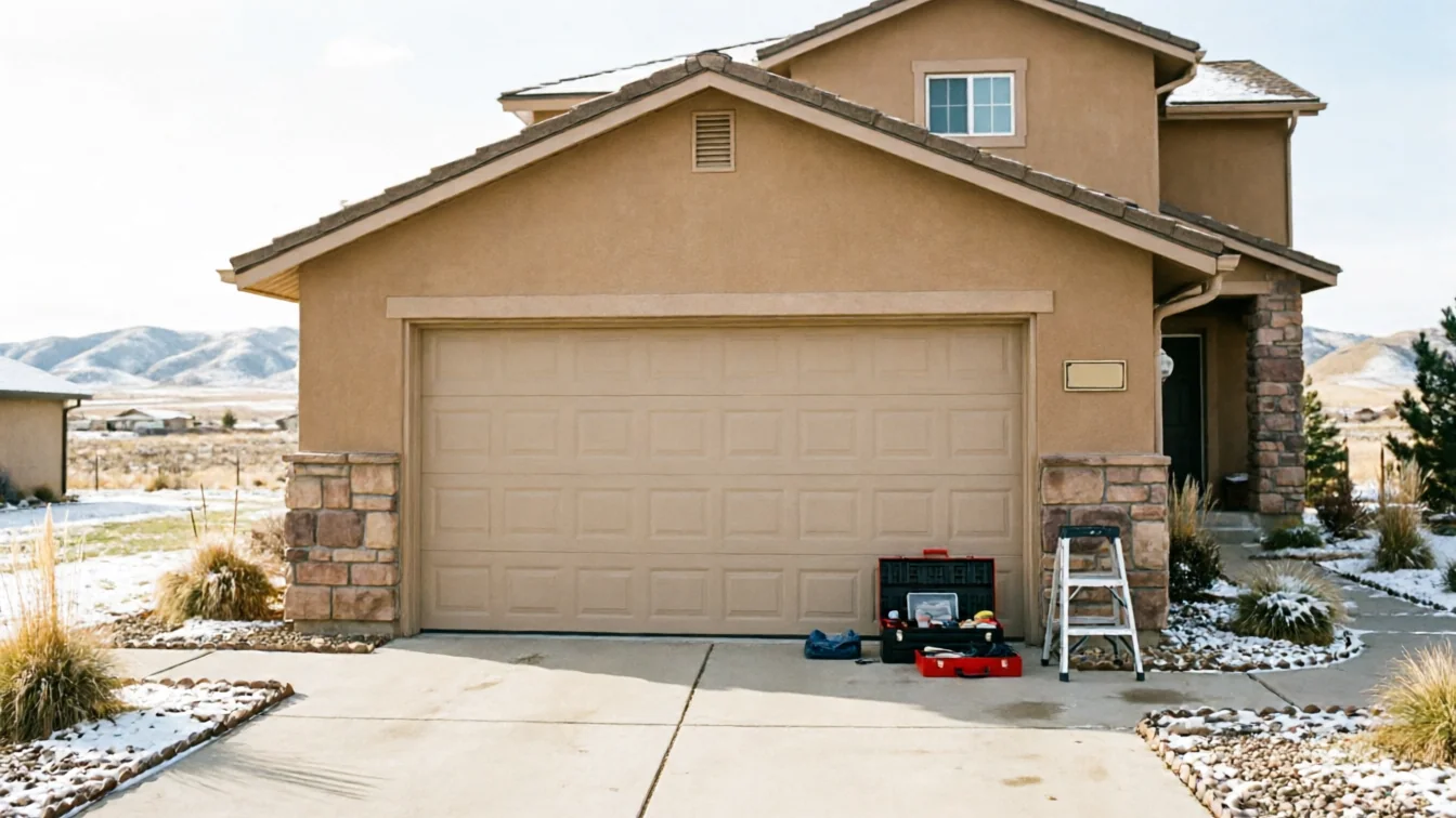 A house with a beige garage door, a ladder, and toolboxes on the driveway.