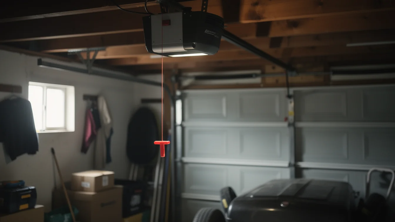 A garage door opener hangs from the ceiling with an orange emergency release cord.