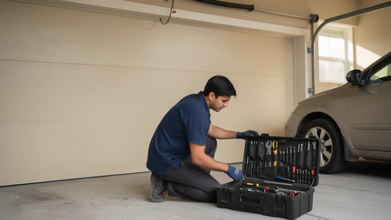 A technician kneels in a garage, looking into an open toolbox with many tools.