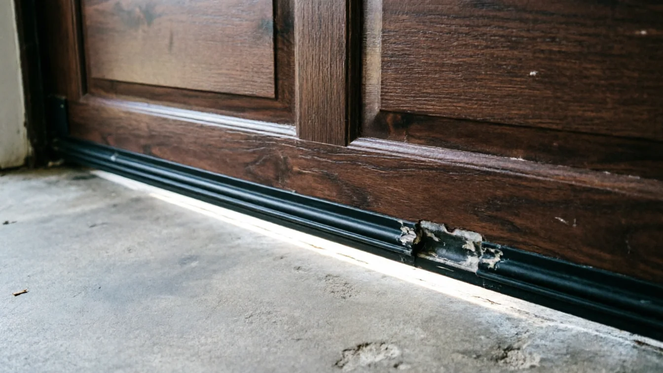 The bottom of a dark wood garage door has a damaged weather seal.