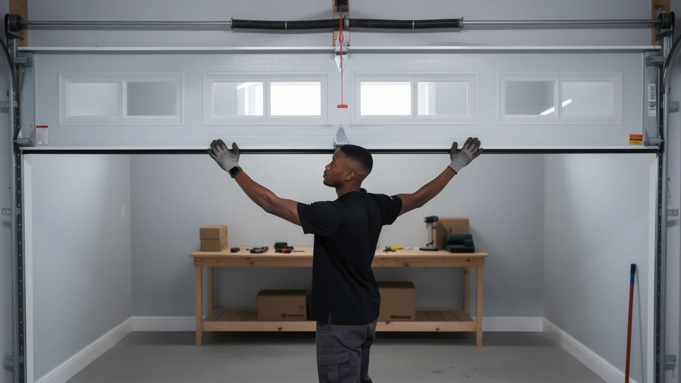 A technician in gloves holds up a white garage door with windows.